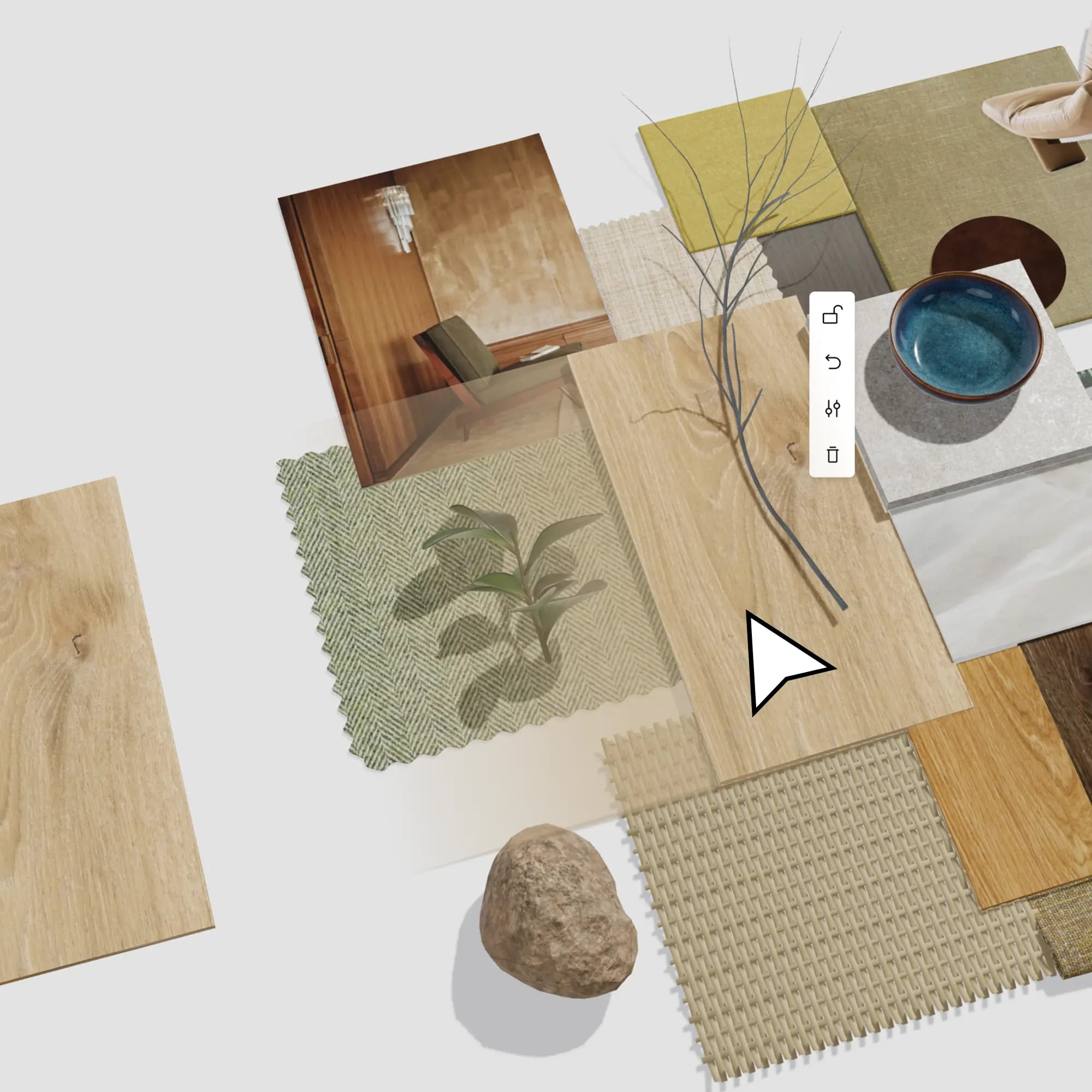 Drag material sample models to position and create your ideal material board composition