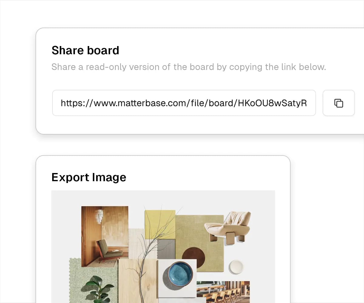Export an image or share your material board with clients