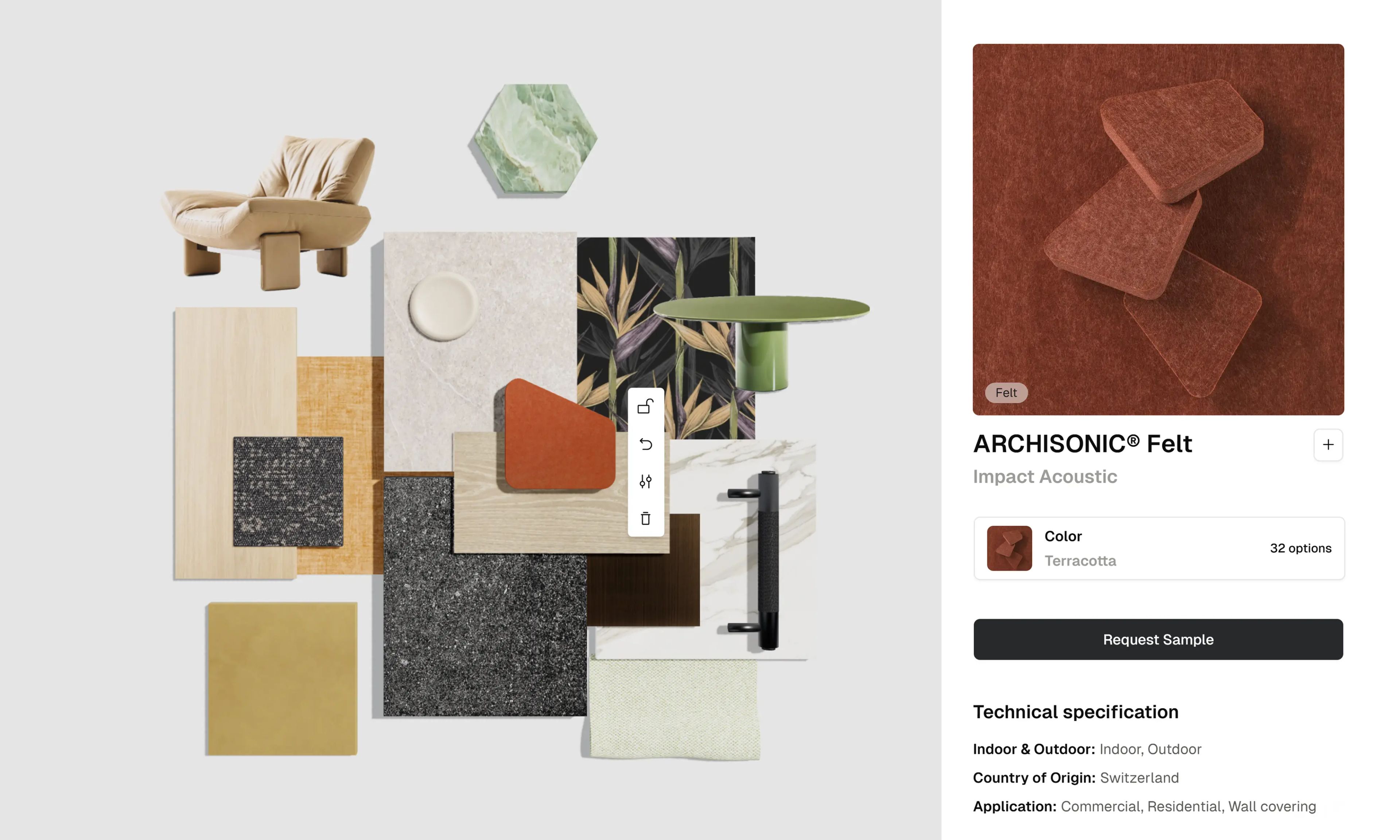 Product panel with detailed product information for each material ready for designers