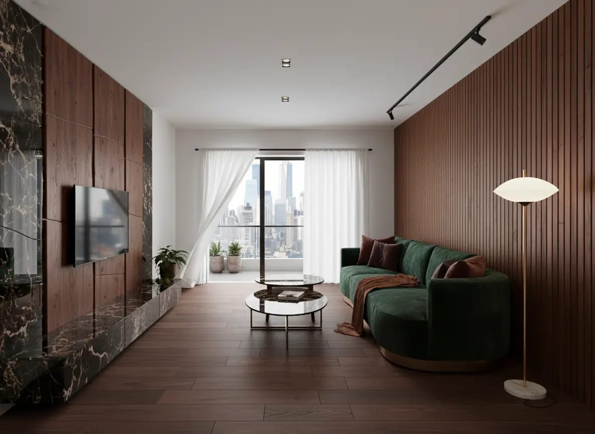 Apply this moodboard to the living room, try to use the material in this material board, floor and wall in walnut, tv wall in marble. Add balcony