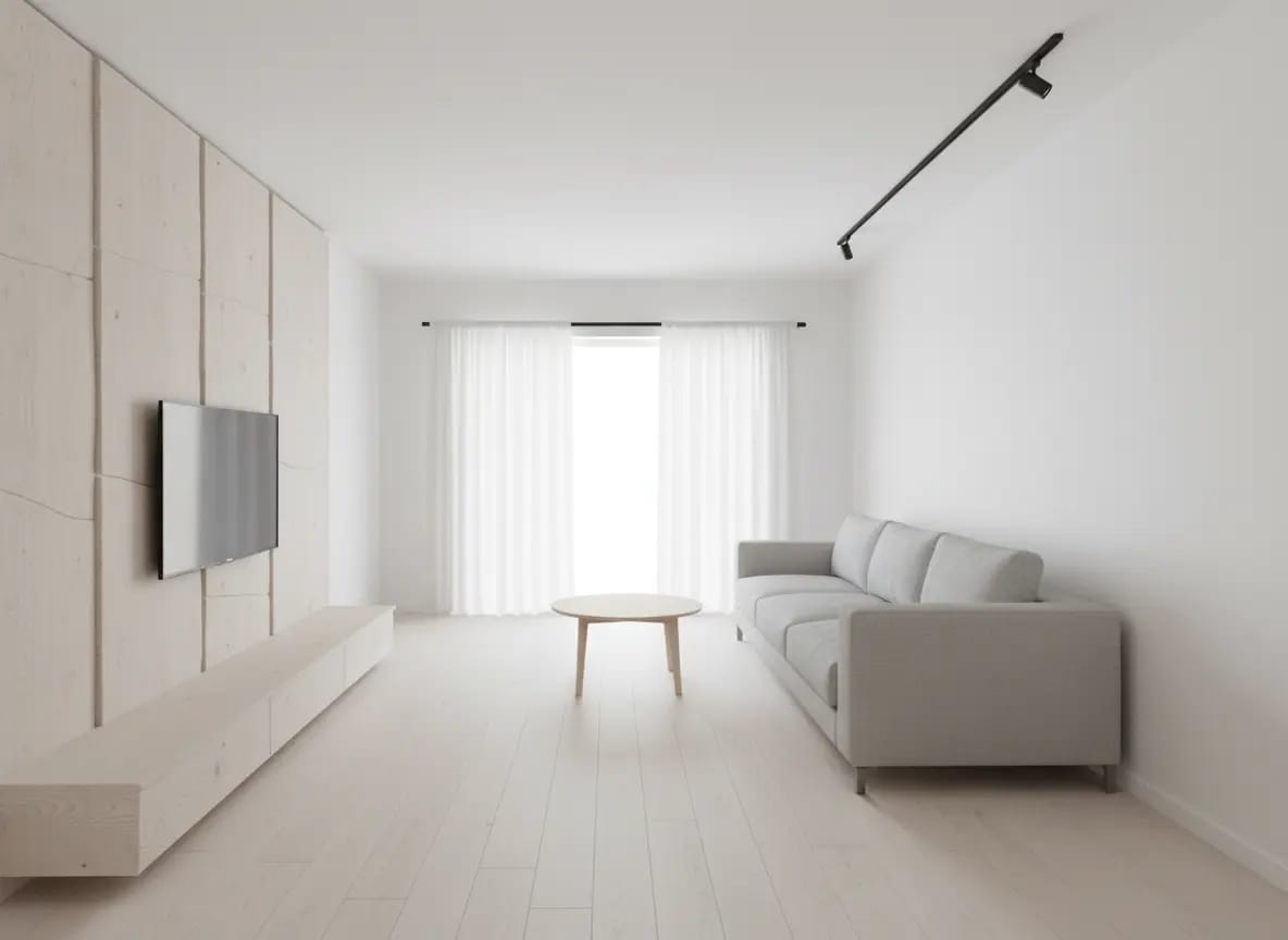 Apply this moodboard to the living room, try to use the material in this material board, floor and wall in walnut, tv wall in marble. Add balcony