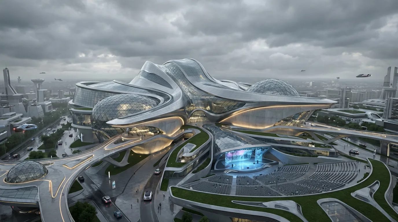 Generate a futuristic design for a concert hall with moody atmosphere.