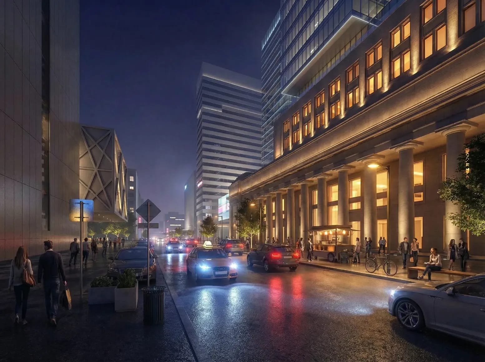 Generate a vibrant night scene view with this reference image, make the building on the right the key focus.