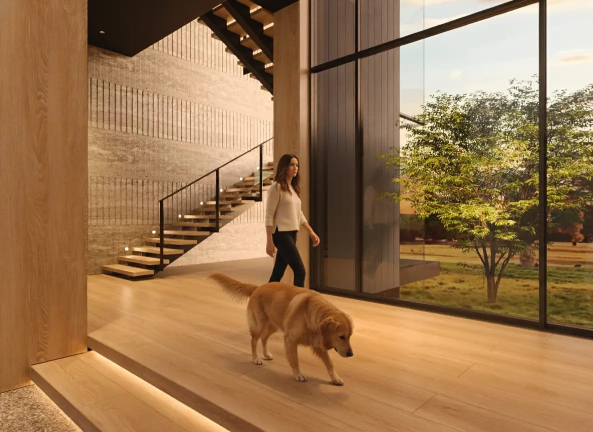 remove the chair and side table. Place a lady and dog walking from left to right