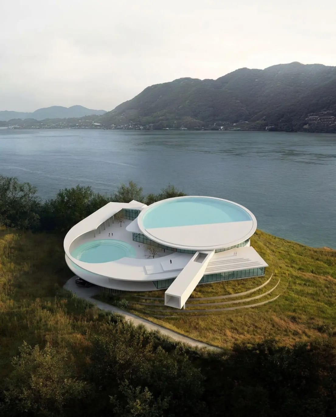 Combine the design of the concept design with the reference image building, create a realistic rendering in the setting of the reference image facing a lake in the distance.