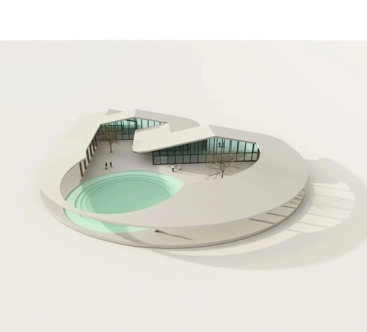 Combine the design of the concept design with the reference image building, create a realistic rendering in the setting of the reference image facing a lake in the distance.