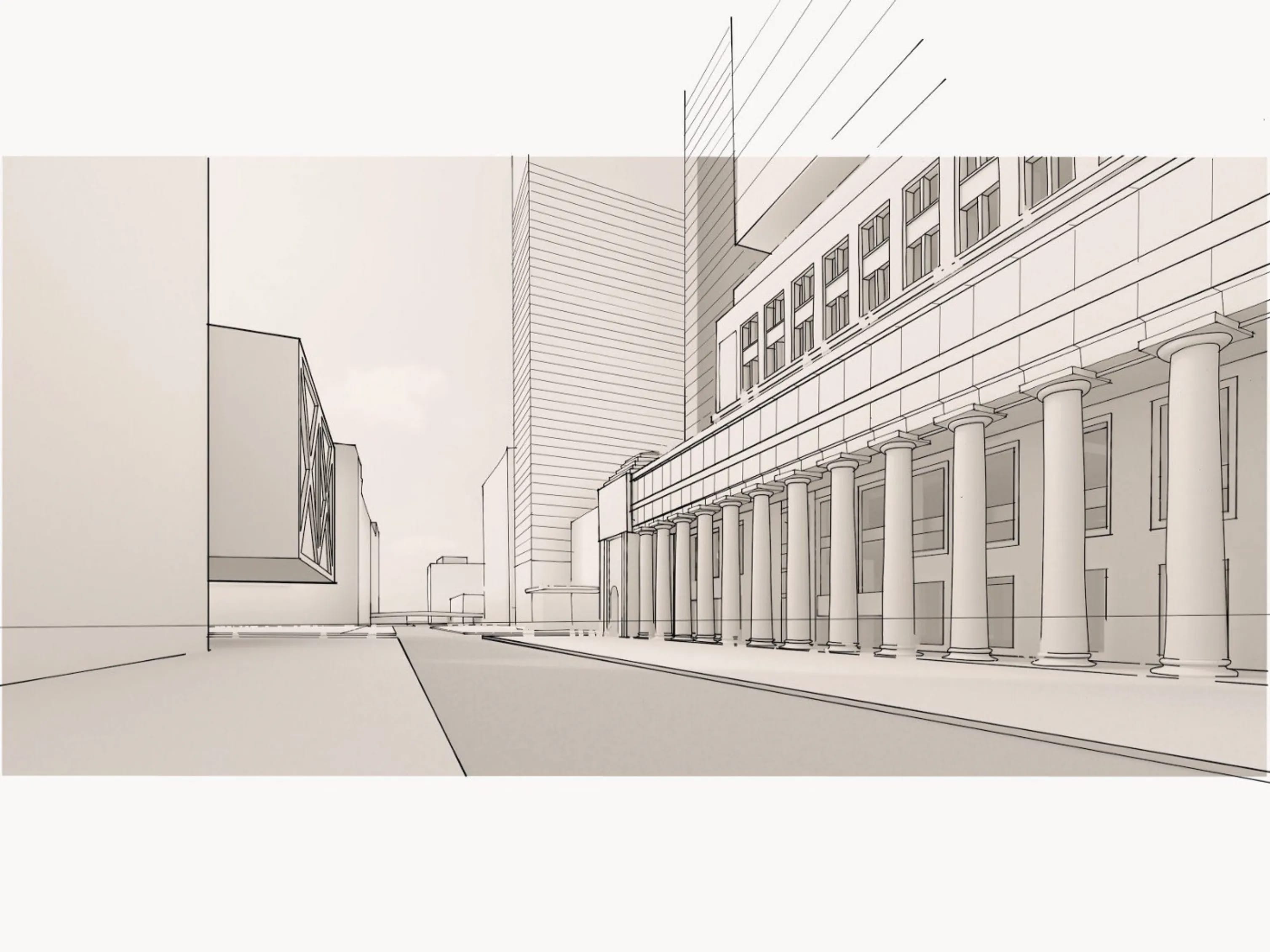 Generate a vibrant night scene view with this reference image, make the building on the right the key focus.