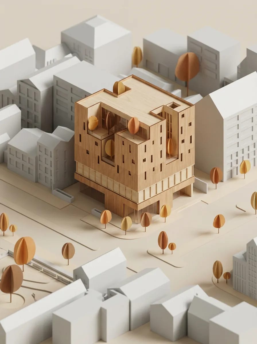 Transform the image to the physical model style in the reference image. Keep the design of the building unchanged.